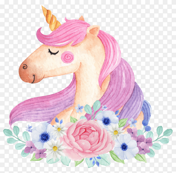 Magical unicorn with flowers isolated on transparent background PNG