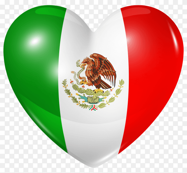 Mexico flag in heart shape on transparent background PNG