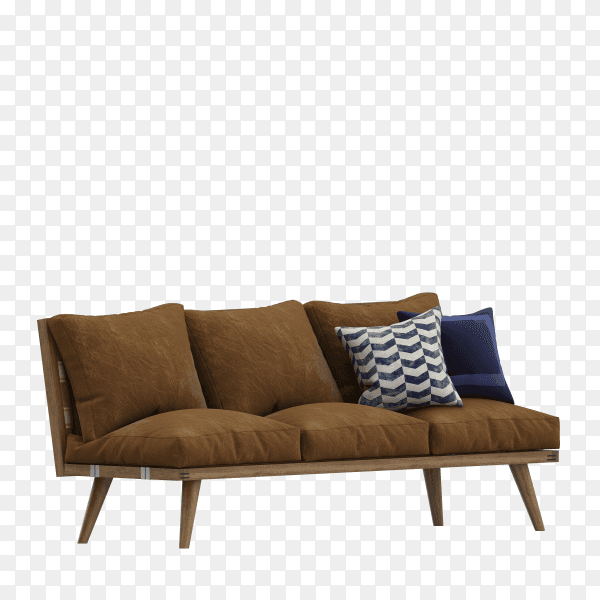 3D Modern Brown fabric sofa with legs and pillows on transparent background PNG