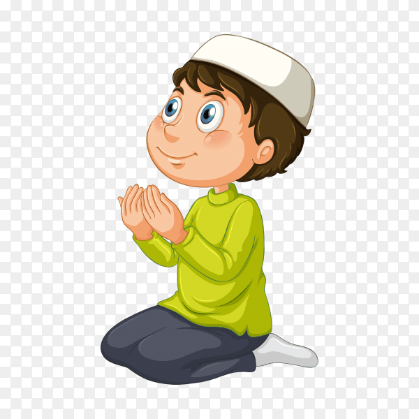 Arab boy praying with traditional clothing on transparent background PNG