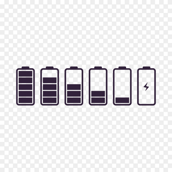 Battery indicator symbol different level of charge on transparent background PNG