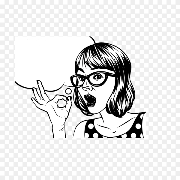Black and white illustration in comic art style of pretty woman with surprised face. a woman with glasses holds a hand and showing OK sign on transparent background PNG