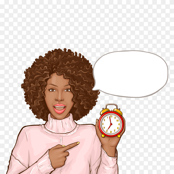 Black woman pointing by finger to alarm clock on transparent background PNG