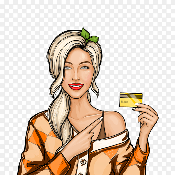 Blonde girl holding plastic credit card in hand in pop art style on transparent background PNG