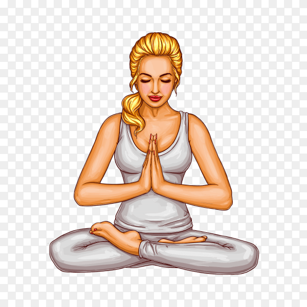 Blonde girl sitting with closed eyes in a lotus position on transparent background PNG