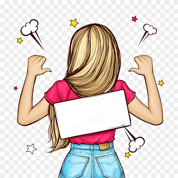 Blonde girl standing backwards with sign board in pop art style on transparent background PNG