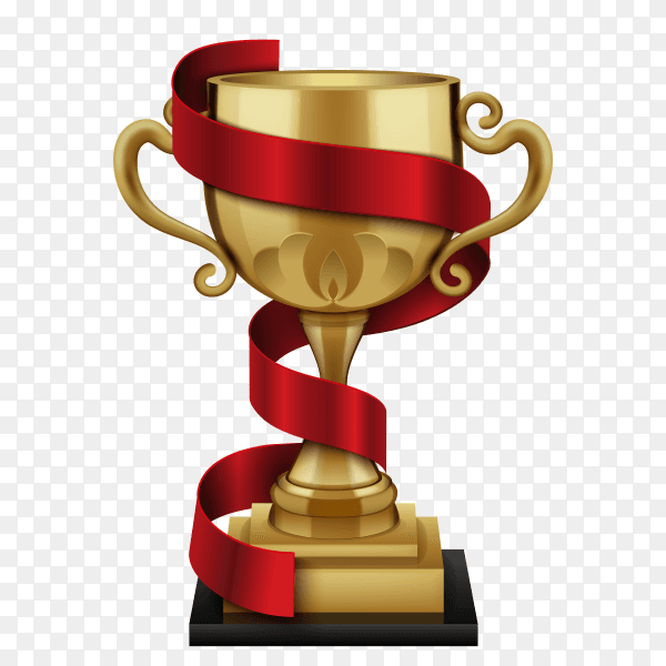 Champion golden trophy cup with red winner ribbon on transparent background PNG