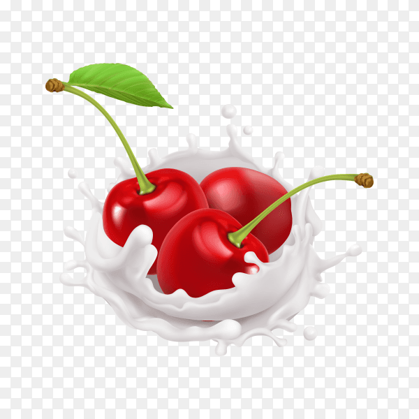 Cherry fruit in milk splashing on transparent background PNG