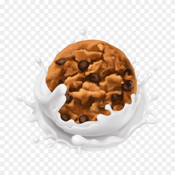 Chocolate chip cookie with a splash of milk on transparent background PNG