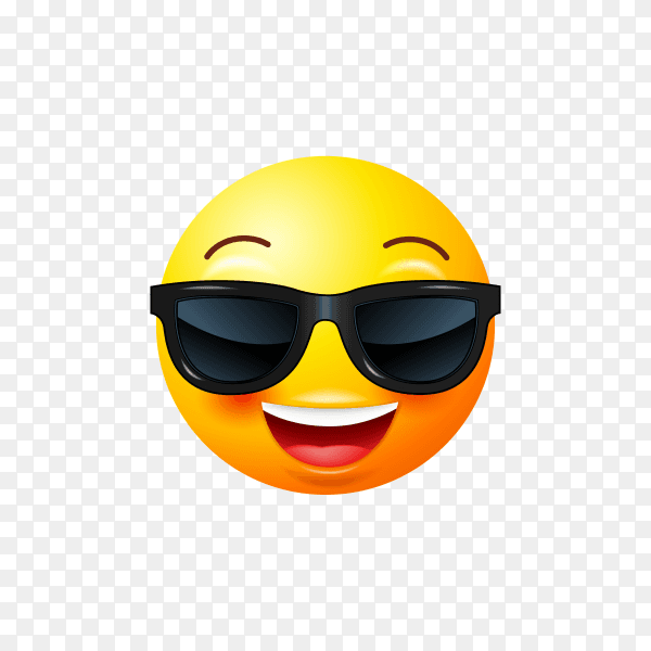 Cute emoji yellow face with black sunglasses and smile icon on transparent background PNG
