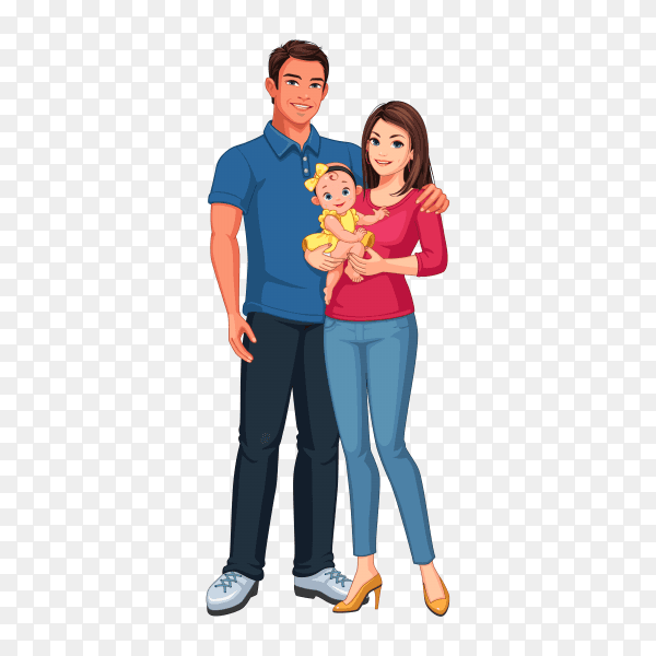 Father and mother with daughter in happy family on transparent background PNG