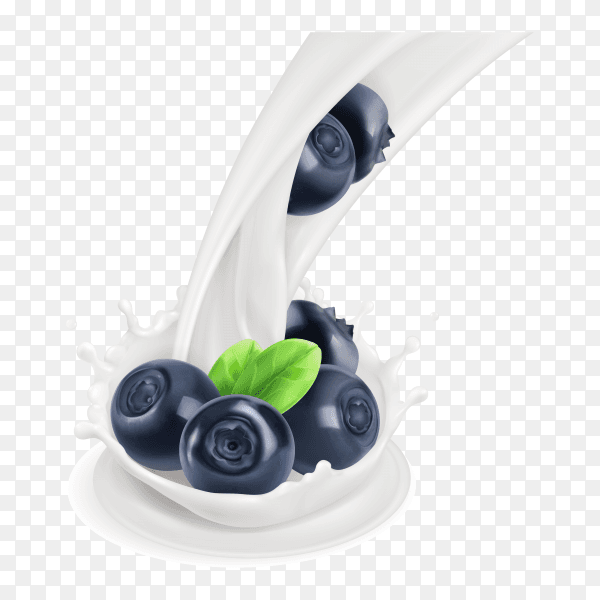 Flowing milk splash with blueberries fruits on transparent background PNG