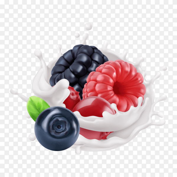 Fresh blueberries and raspberries in milk splashes on transparent background PNG