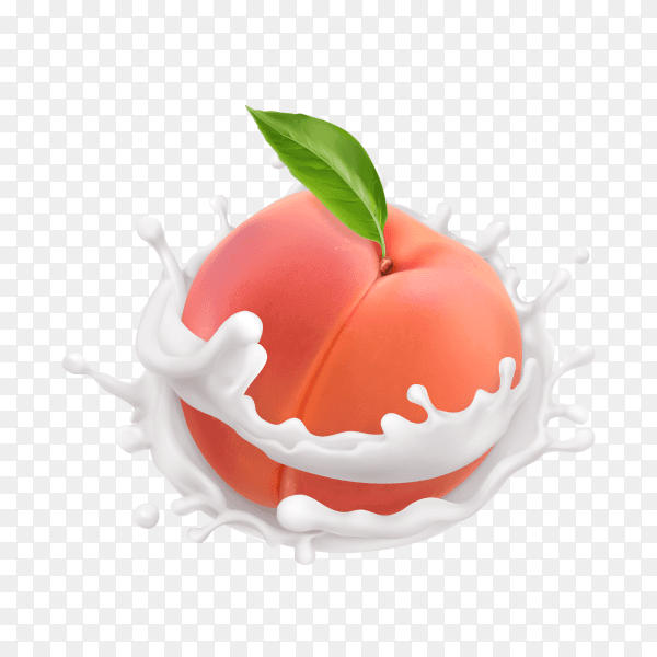 Fresh peaches in milk splashes on transparent background PNG