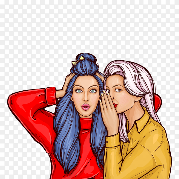 Girl whispering gossip or secret to her friend in pop art style on transparent background PNG