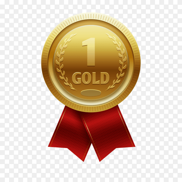 Gold medal with red ribbon for first place on transparent background PNG