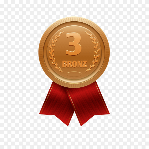 Gold medal with red ribbon for third place on transparent background PNG