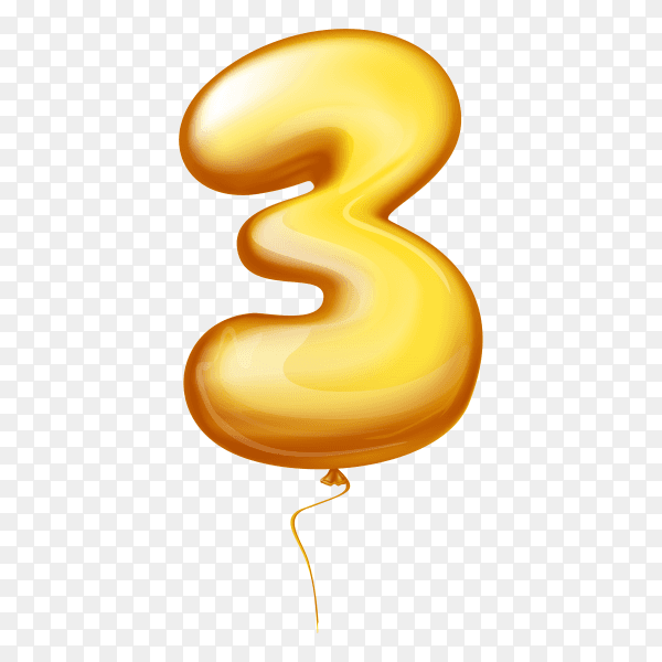 Golden Balloon in the shape of number Three on transparent background PNG