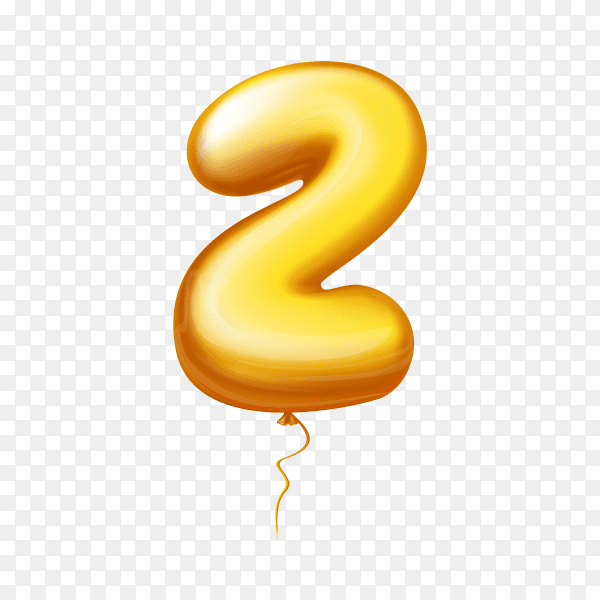 Golden Balloon in the shape of number Two on transparent background PNG