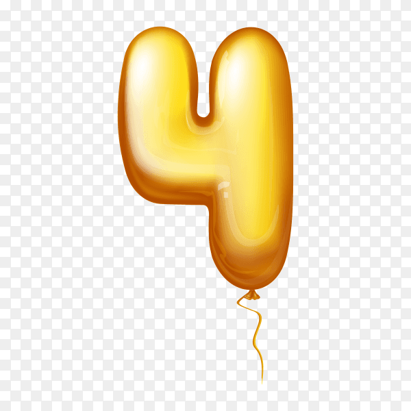 Golden Balloon in the shape of number Four on transparent background PNG