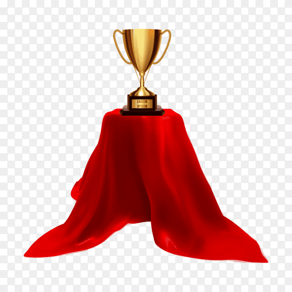 Golden trophy goblet on a pedestal with red cloth on transparent background PNG