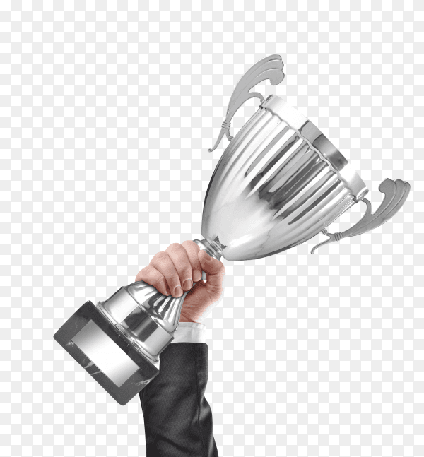 Hand of man holding holding a trophy on transparent background PNG