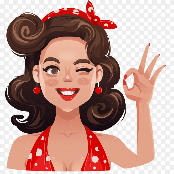 Happy smiling retro pin up woman showing okay gesture on transparent background PNG