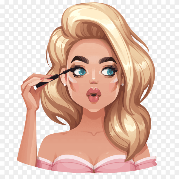 Illustration of a pretty blonde lost in her thoughts and doing her make-up on transparent background PNG