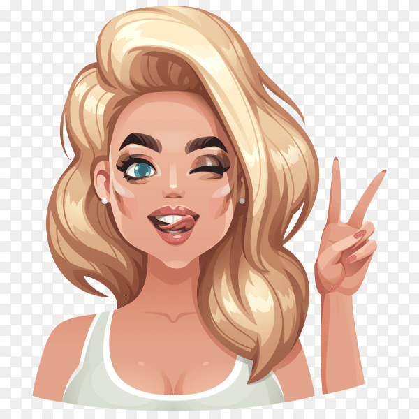Illustration of a pretty blonde winking and flashing peace sign on transparent background PNG