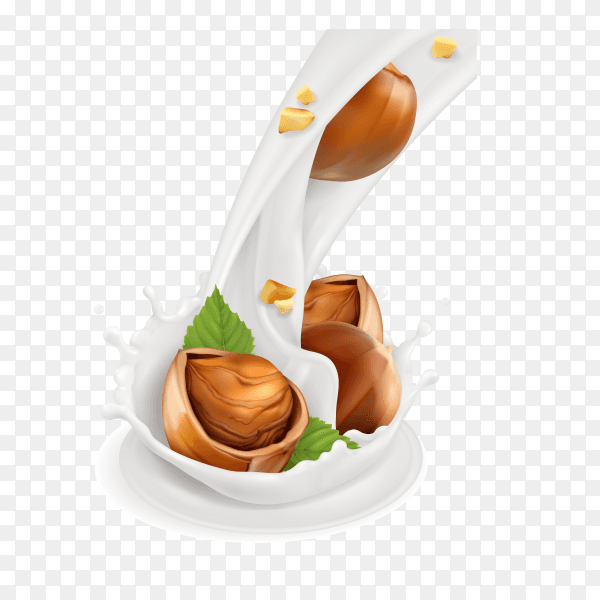 Illustration of flowing milk and hazelnuts on transparent background PNG