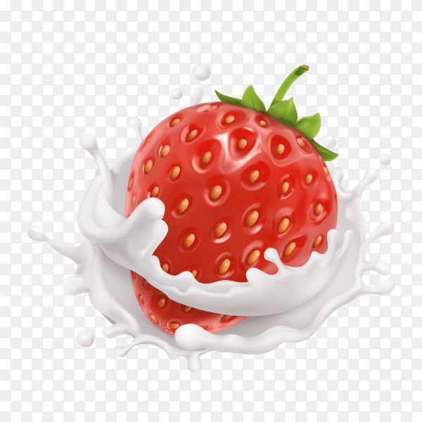 Illustration of realistic strawberry in milk splash on transparent background PNG