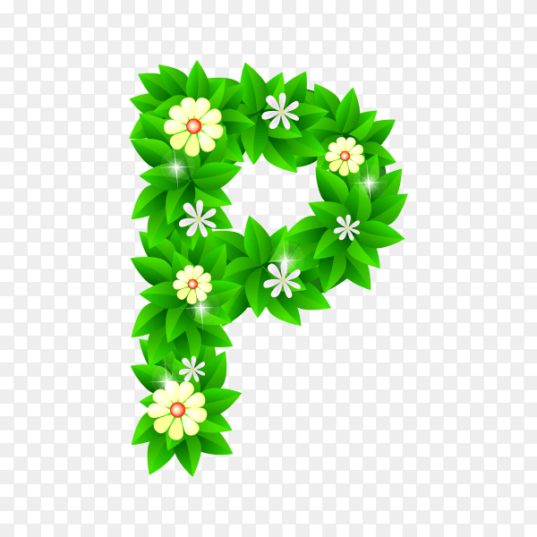 Letter P of the green and white flowers isolated on transparent background PNG