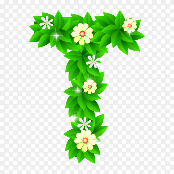 Letter T of the green and white flowers isolated on transparent background PNG