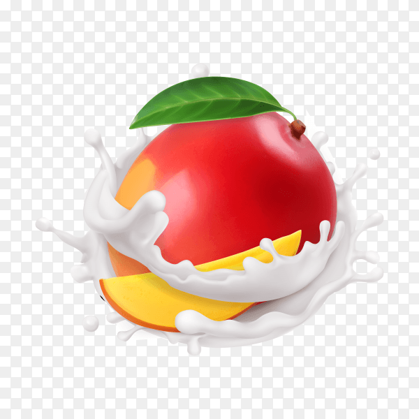 Mango fruit with milk splash on transparent background PNG