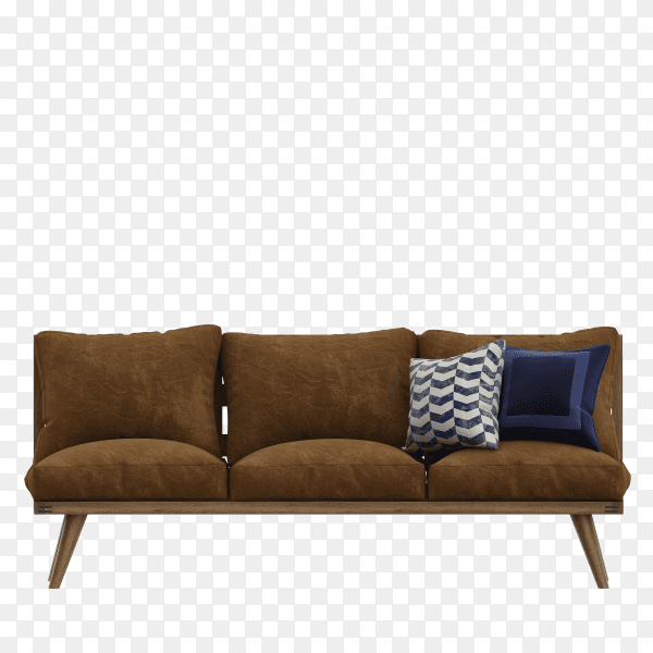Modern Brown fabric sofa with legs and pillows on isolated on transparent background PNG