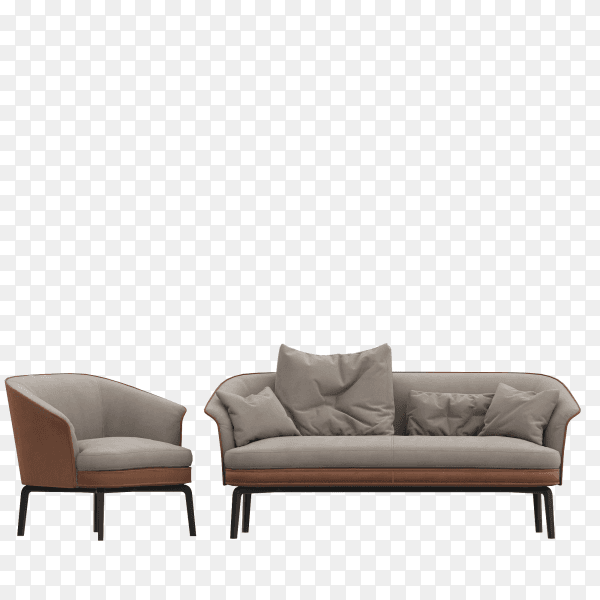 Modern chair and a large sofa with cushions on transparent background PNG
