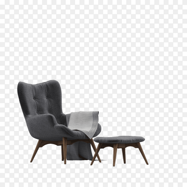 Modern gray armchair with a blanket and small table on transparent background PNG