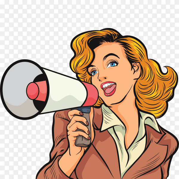 Pop art beautiful woman with megaphone on transparent background PNG