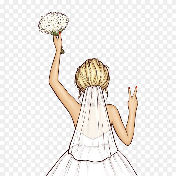Pop art bride in wedding dress with bouquet on transparent background PNG