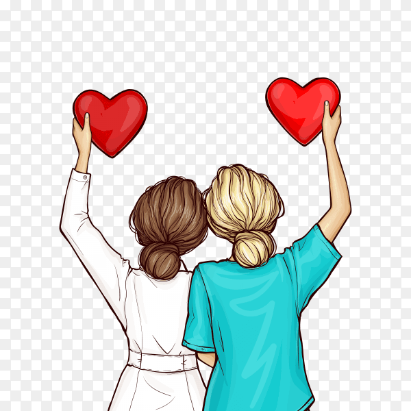 Pop art doctor and nurse holding red hearts on transparent background PNG