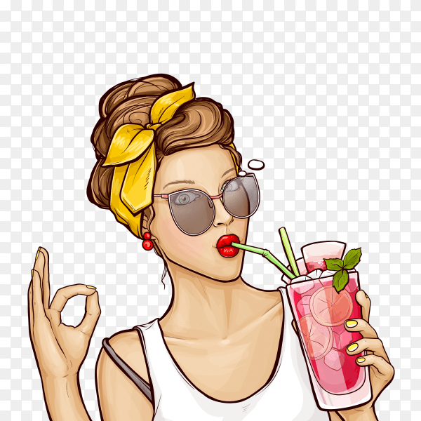 Pop art girl drinks cocktail and shows sign ok on transparent background PNG