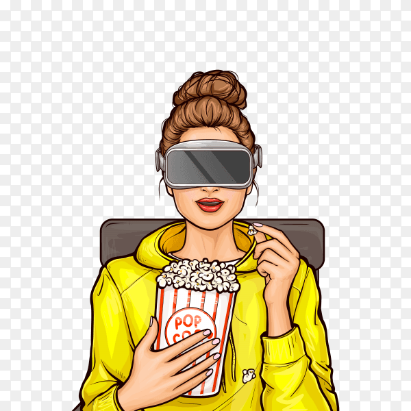 Pop art girl in virtual reality glasses watching movie on transparent background PNG