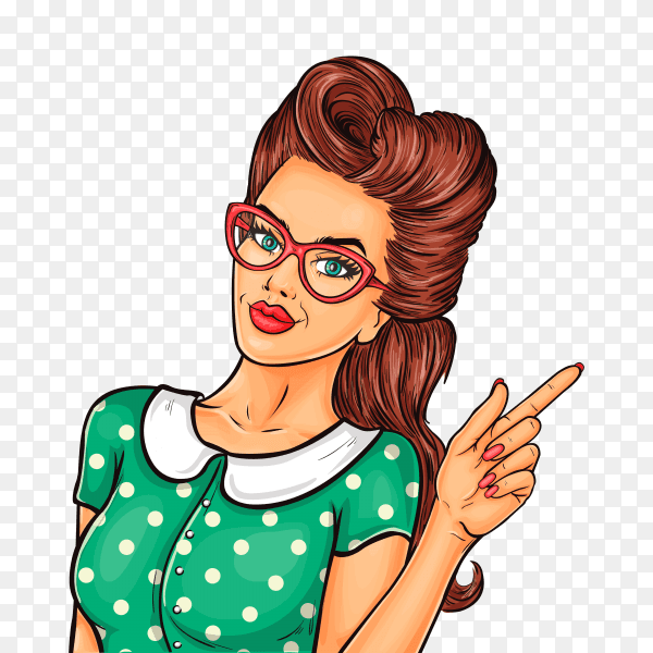 Pop art girl pointing at something on transparent background PNG