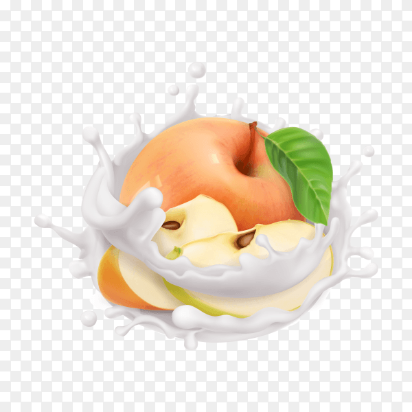 Realistic Apple and milk splashes on transparent background PNG