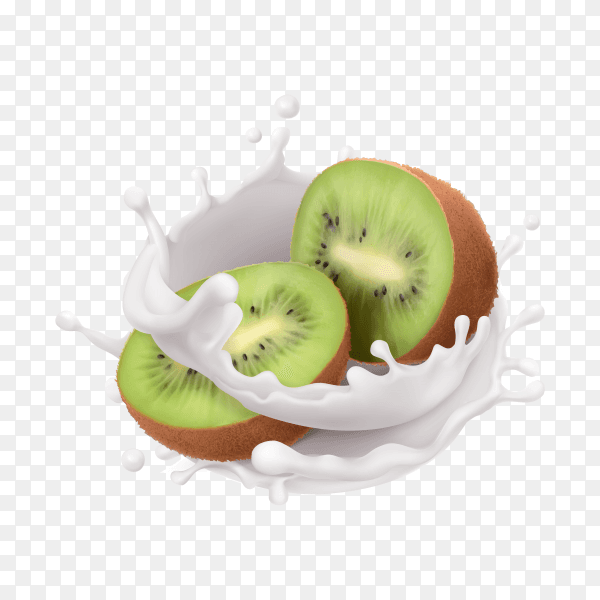 Realistic kiwi and milk splashes on transparent background PNG