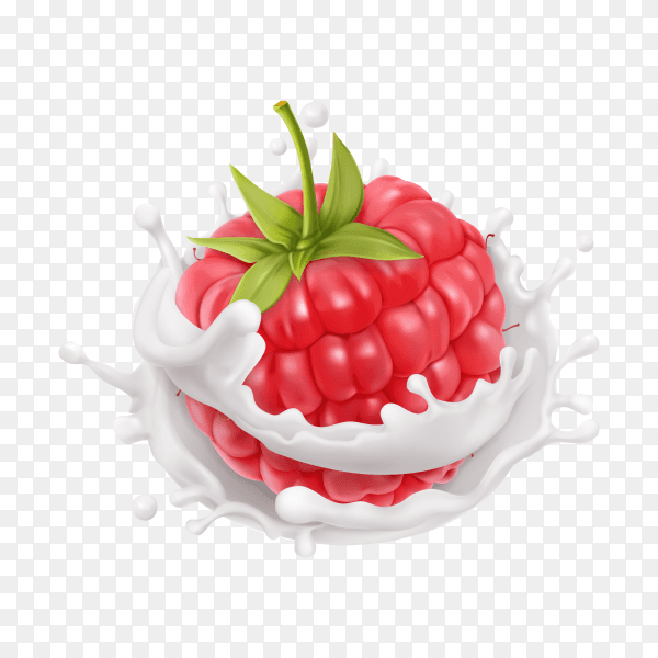 Realistic Raspberries in milk splash on transparent background PNG
