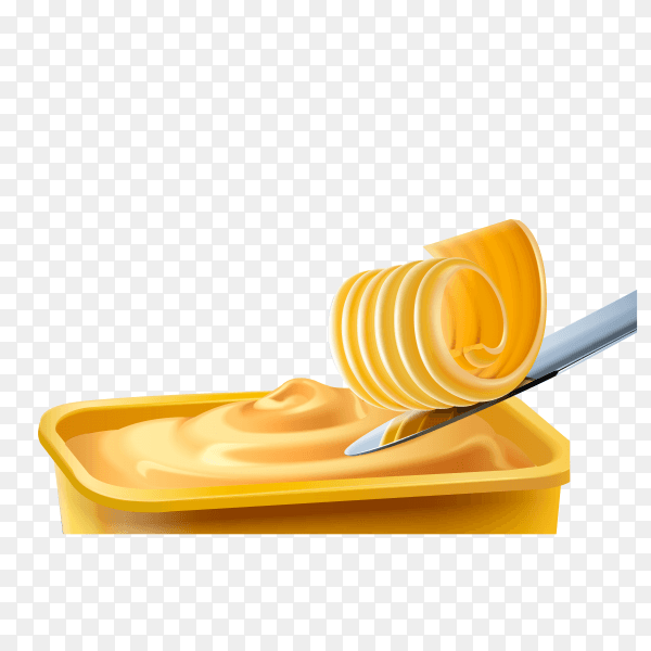 Realistic yellow butter and metal knife on transparent background PNG