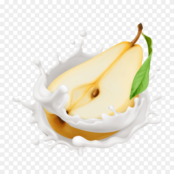 Ripe yellow pear in a milk splash on transparent background PNG