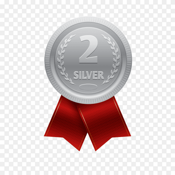 Silver medal with red ribbon for second place on transparent background PNG