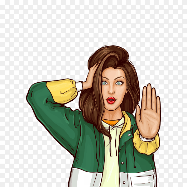 Surprised girl in jacket with wide open eyes and opened mouth doing stop gesture in pop art style on transparent background PNG